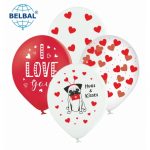 Воздушный шарик (B105 30 cм.) микс, мопс, сердечки, i love you, белый, красный, 25 шт